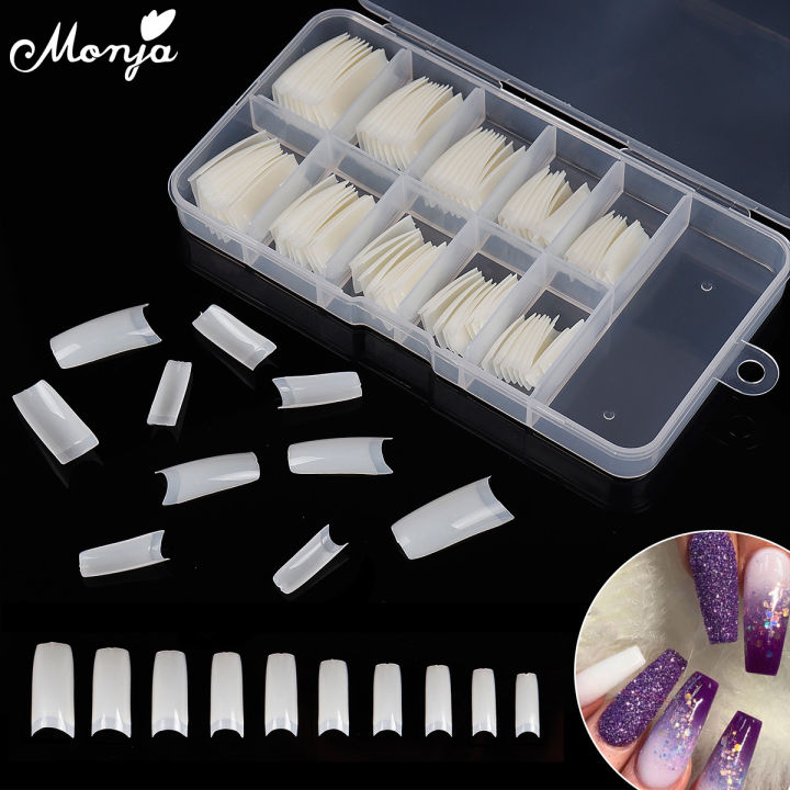 Monja 100Pcs/set Transparent Natural French Nail Art Half Cover False Nails Ballet Acrylic UV Extension Nail Tips Manicure Tool