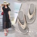 2023 Women's Slippers Summer New Fashion Metal Button Slides Shoes Wedge Beach Sandals Women Outside Platform Leisure Flip Flops.