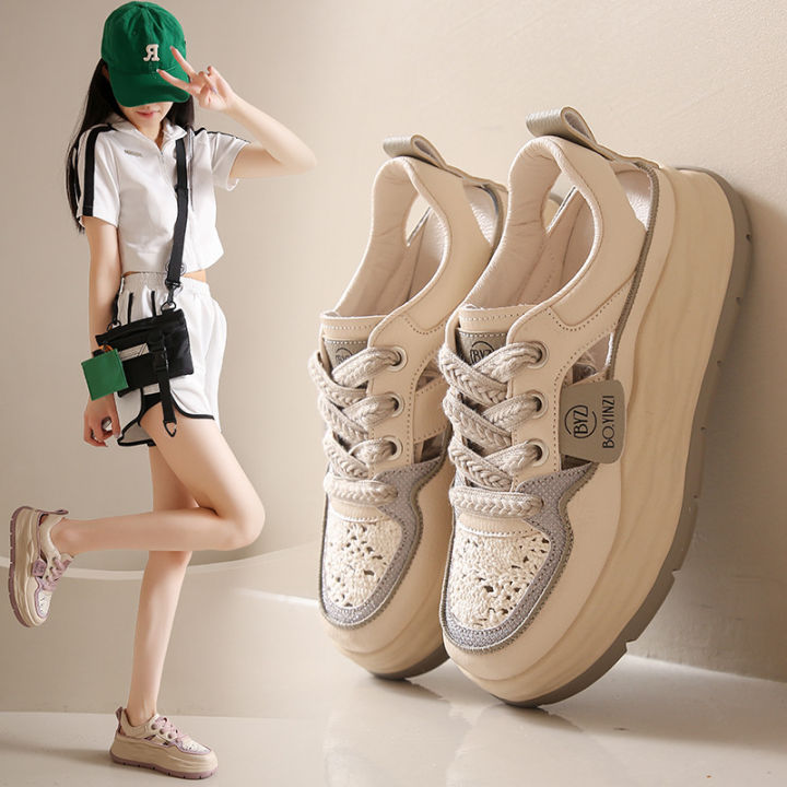 2023 summer new ins Korean version hollow white shoes female students thick bottom breathable casual sports shoes
