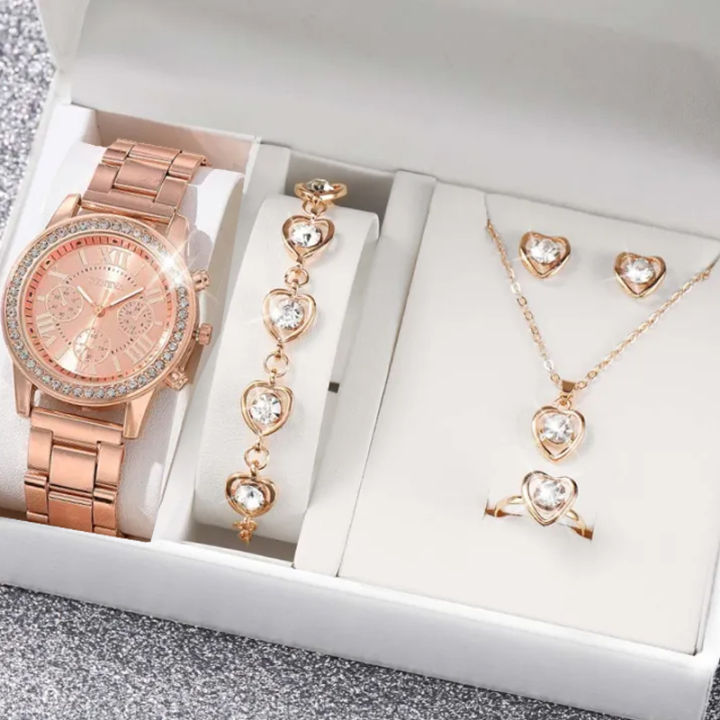 Fashionable Metal Watch and Jewelry Set Hollow Heart Pendant