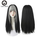 7JHH WIGS Highlighted Grey Black Kinky Straight Synthetic Wigs With Fluffy Bangs For Women Daily Wear Toupee Heat-Resistant Hair.