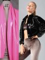 Glossy Patent Leather Jacket Coat Women Faux Leather Lapel Crop Bomber Jacket Pocket Punk PVC Overcoat Party Clubwear Custom New.