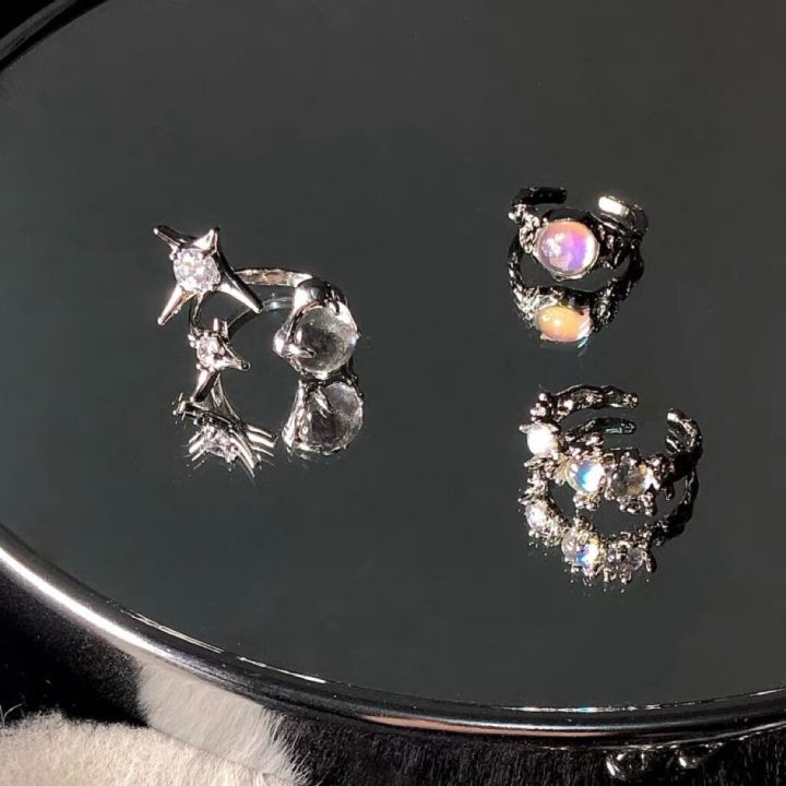 Three-Piece Crystal Gemstone Ring for Women ins Trendy Special-Interest Design High-Grade Open Middle Finger Wear Opal Moonstone
