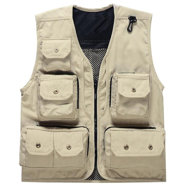 Multifunction cket Fly Photography Vest Sleeveless Jacket Coat Outdoor Camping Angling Volunteer Canvas Mesh Waistcoat-Beige