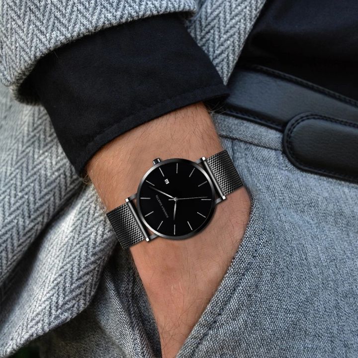 Classic Bauhaus Design Men Watch Dark Blue Japan Quartz Waterproof Stainless Steel Fashion Business Calendar Ultra Thin Watches