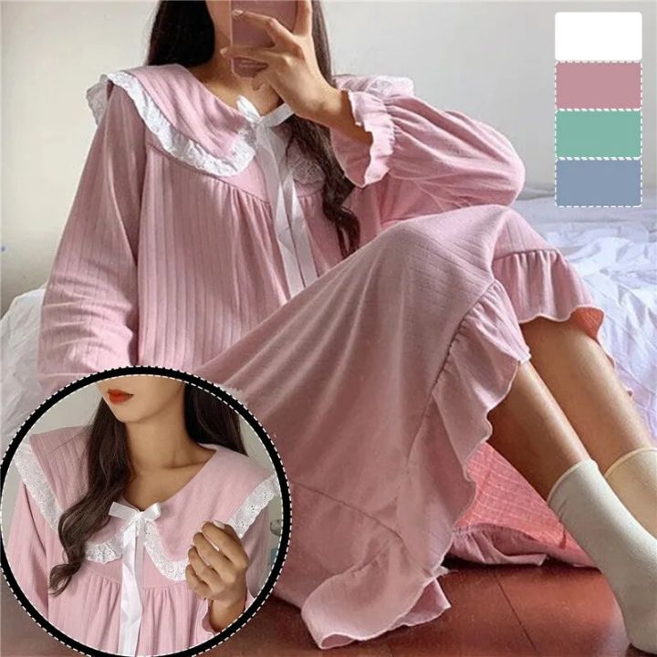Elegant%20Nightgown%20Lace%20Sleepwear%20Womens%20Korean%20Style%20Ruffles%20Night%20Dress%20One%20Piece%20Pajamas%20Spring%20Long%20Sleeve%20Solid%20Home%20Wear%20-%20Image%204