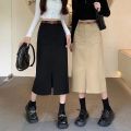 Hong Kong Style Retro Workwear Skirt Women's Fall Mid-Length Straight Split One-Step Skirt Khaki High Waist Denim Skirt. 