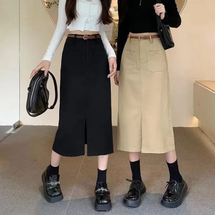 Hong%20Kong%20Style%20Retro%20Workwear%20Skirt%20Women's%20Fall%20Mid-Length%20Straight%20Split%20One-Step%20Skirt%20Khaki%20High%20Waist%20Denim%20Skirt%20-%20Image%203