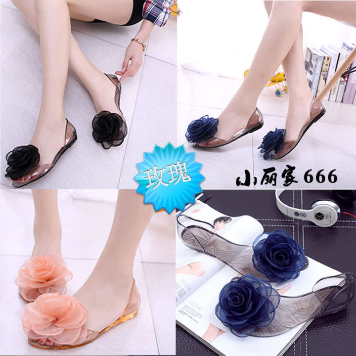 Fish mouth sandals women's summer flat students korean version flower new bow women's shoes jelly shoes transparent crystal shoes