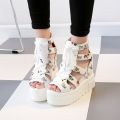 Summer 2024 New Roman Sandals High Heel Color-Blocked Cross Tie Up Women's Shoes 12cm Heel Wedge Fishbill Shoes. 