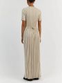 Elegant Ribbed Knitted Long Dress Women Casual O-neck Short Sleeve Bodycon Dresses 2023 Autumn Ladies Pleated A-line Maxi Robe. 