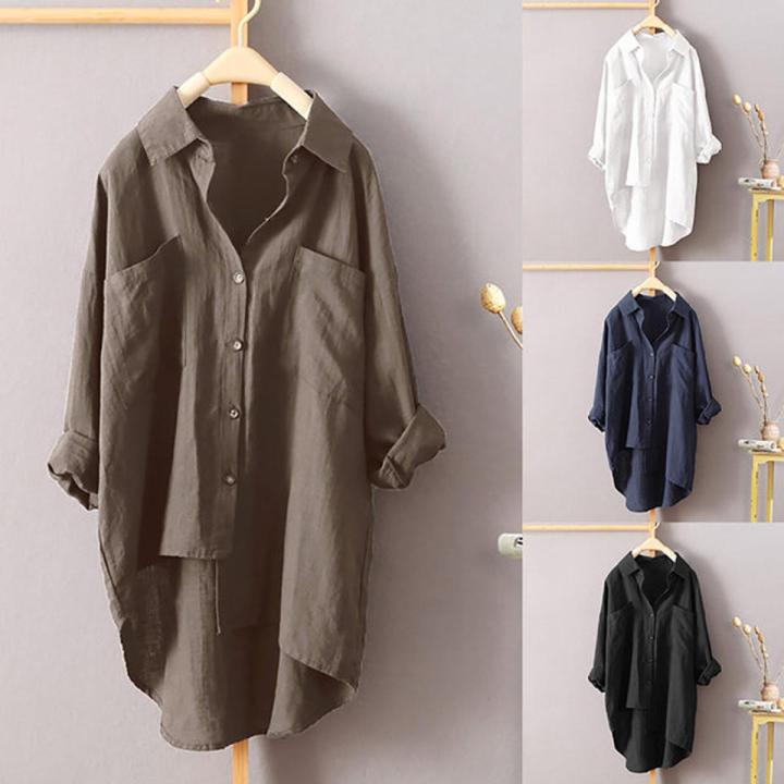 Women's Turn Down Collar Shirt With Pockets Loose Casual Shirts For Women Autumn Blouse