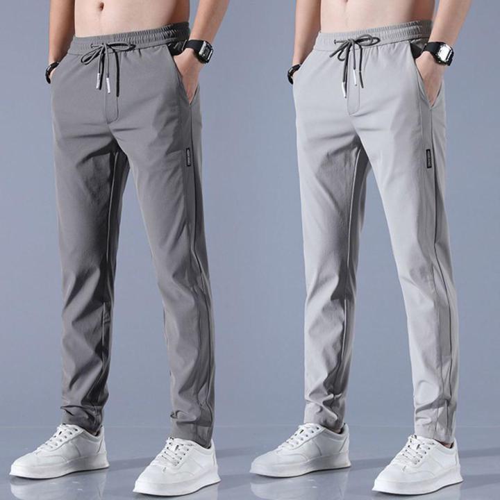 Men's Ice Silk Trousers Solid Color Mid Waist Loose Breathable Straight Casual Pants Thin Quick Dry Sports Pants