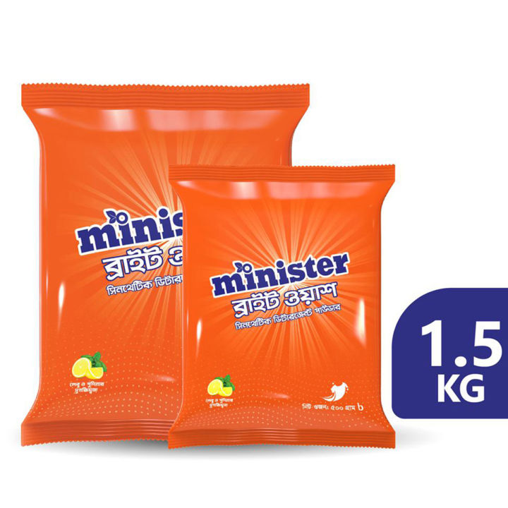 Minister Bright Wash Synthetic Detergent Powder Lemon & Mint - 1 KG (500 gm free)