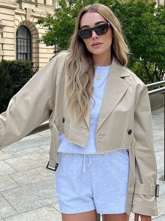 ZBZA%20Women's%20Fashion%20Belt%20Embellished%20Short%20Trench%20Coat%20Long%20Sleeve%20Front%20Button%20High%20Street%20Jacket%20Khaki%20Twill%20Slim%20Fit%20Jacket%20-%20Image%206