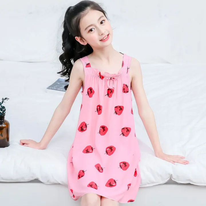 Girls'%20Nightdress%20Cotton%20Silk%20Girls'%20Pajamas%20Sleeveless%20Summer%20Medium%20and%20Large%20Children's%20Sling%20Princess%20Dress%20Artificial%20Cotton%20Home%20Wear%20-%20Image%209
