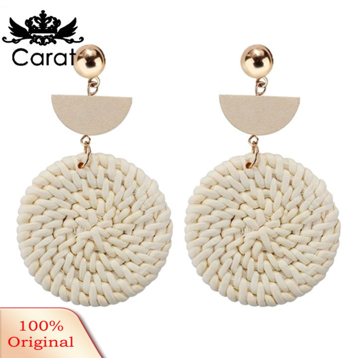 Bohemia Hand-woven Braid Round Pendant Drop Earrings Wooden Straw Rattan Jewelry