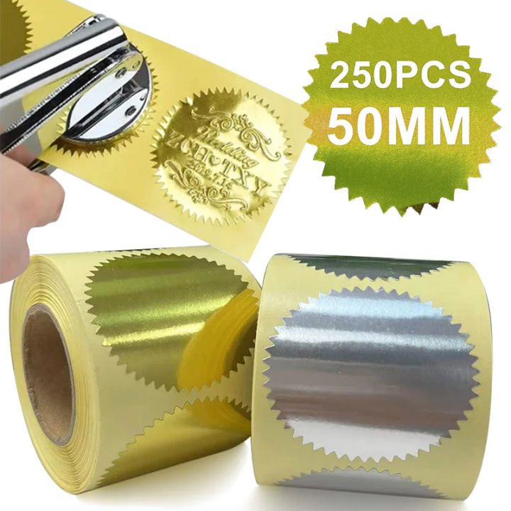 6 Colors Embossed Stamp Stickers 50mm Certificate Gear Sticker for Metal Embossing Stamp 250pcs/roll Embosser Steel Seal Label