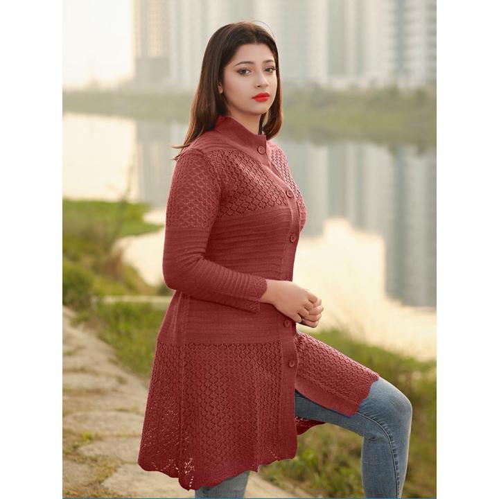 Women Maroon Jacquard Fashion Design Front-Open Sweater