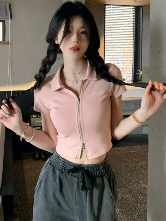 Japanese Style polo Shirt Bear Short Sleeve T Women's Loose Korean Style T-shirt ins Harajuku Style chic Hong Kong Style Crop-Top Short Top