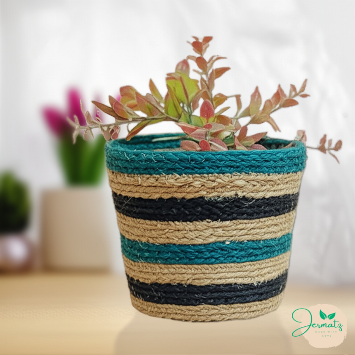 Handwoven Striped Jute Planter Basket Storage Pot 1 Pcs