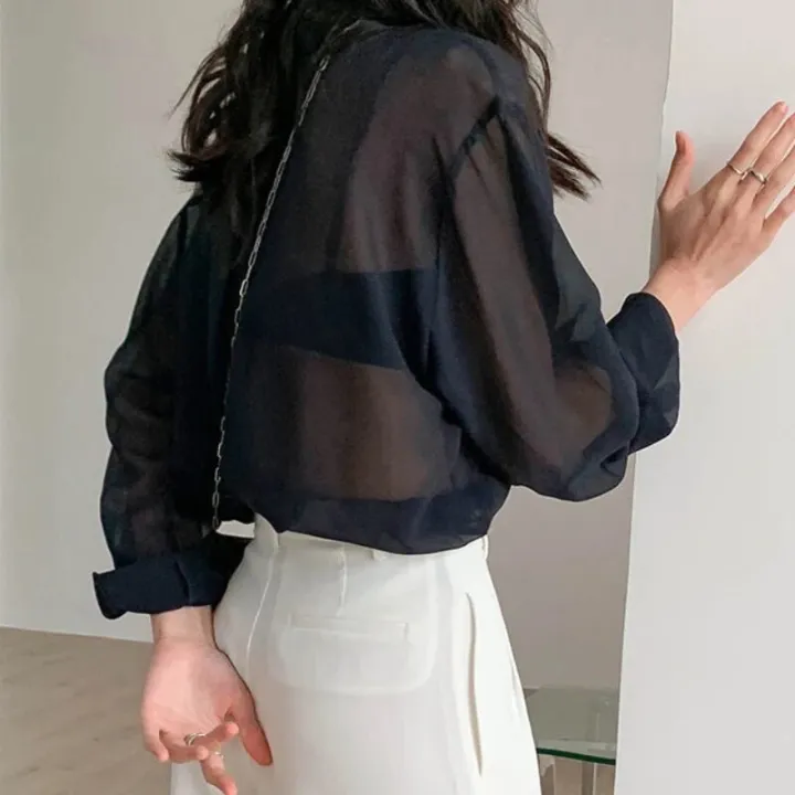 Women%20Shirts%20Sheer%20Sun-proof%20Fashion%20Summer%20Elegant%20Outerwear%20Simple%20Solid%20All-match%20Feminine%20Long%20Sleeve%20Turn-down%20Collar%20Cozy%20-%20Image%203