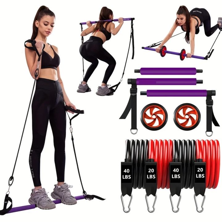 Fitness Pilates Bar Kit Resistance Bands with Ab Roller for Abs Workout  Core Strength Training Equipment Portable Home Gym