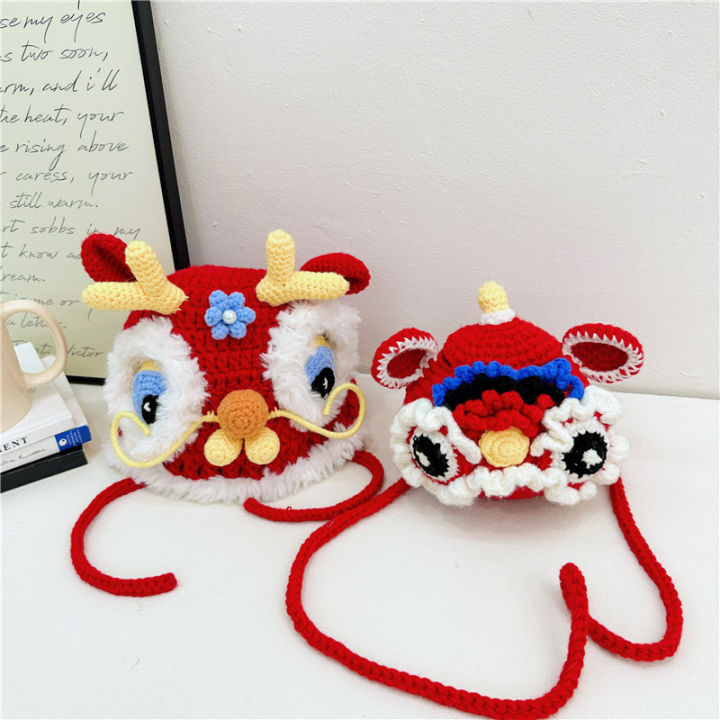 Original Year of the Dragon Lion Awakening Bag Handmade Wool Crochet New Year's Dragon Head Hat Chinese Style National Tide Lion Awakening One Shoulder Crossbody Bag
