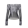 【Best value for money】 Goth Lace Mesh See Through Long Sleeve T-Shirts Y2K Pearl Print Off Shoulder Slim Tops Women Summer New Fashion Tees.