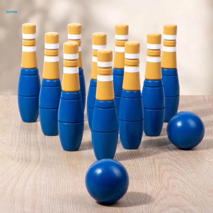 Wood Bowling Set Skittles Toys Educational 10 Wooden Pins