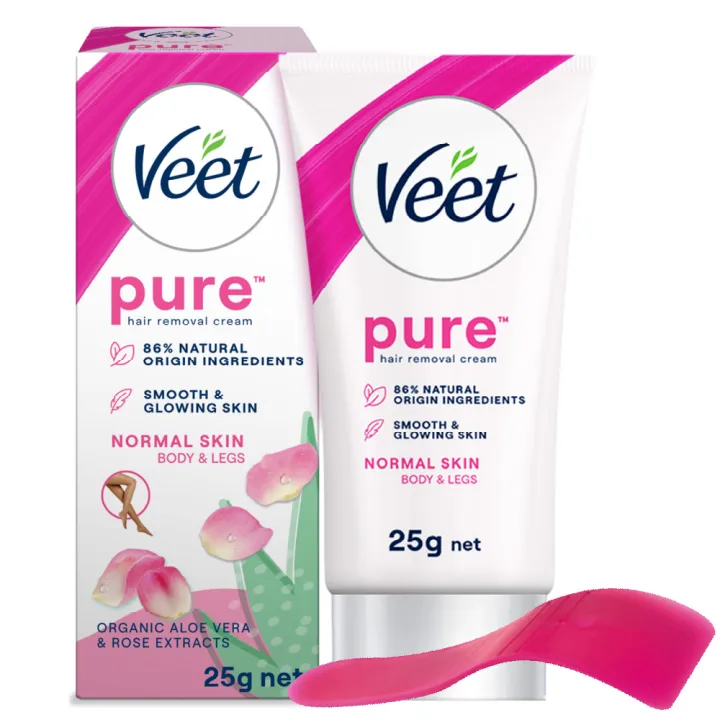 Veet Pure™ Hair Removal Cream 25g Normal Skin for Body & Legs, Freshest Smell with Organic Aelo Vera and Rose Extract, Dermatologically Tested