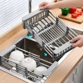 Stainless Steel Adjustable Telescopic Kitchen Insert Storage Organizer over Sink Dish Drying Rack Vegetable Tray Drain-B. 