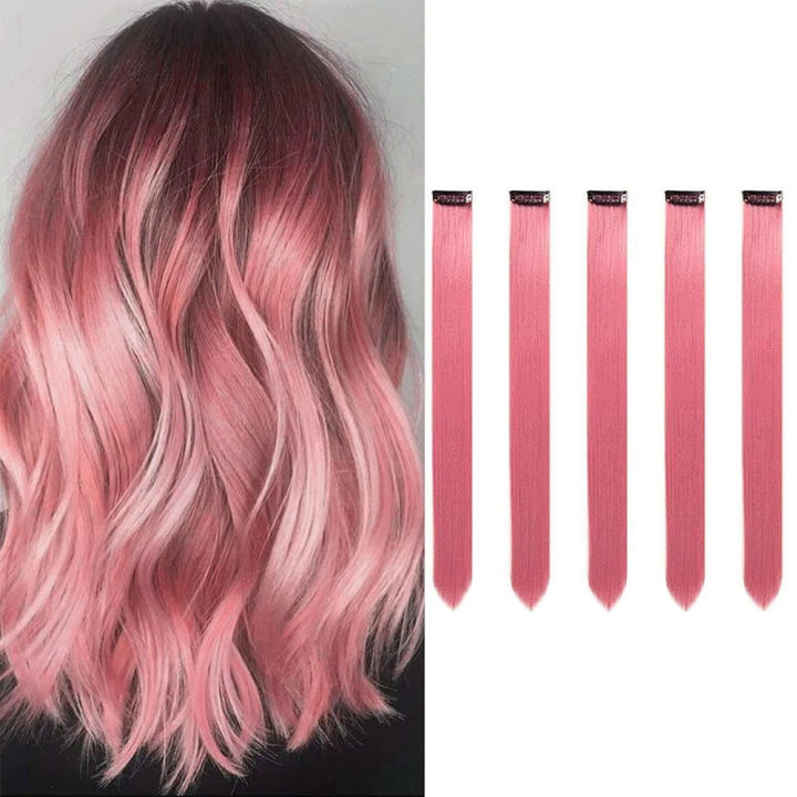 Black Friday 22 Inch Colored Pink Hair Extensions Party Highlights Straight Hairpiece Clip in Synthetic for Kids Girls(5 Pc)