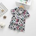 Summer Children Cartoon Short Sleeve+Shorts 2pc Satin Silk Pajamas Sets Girls Sleepwear Boy Loungewear Leisure Wear Home Clothes.