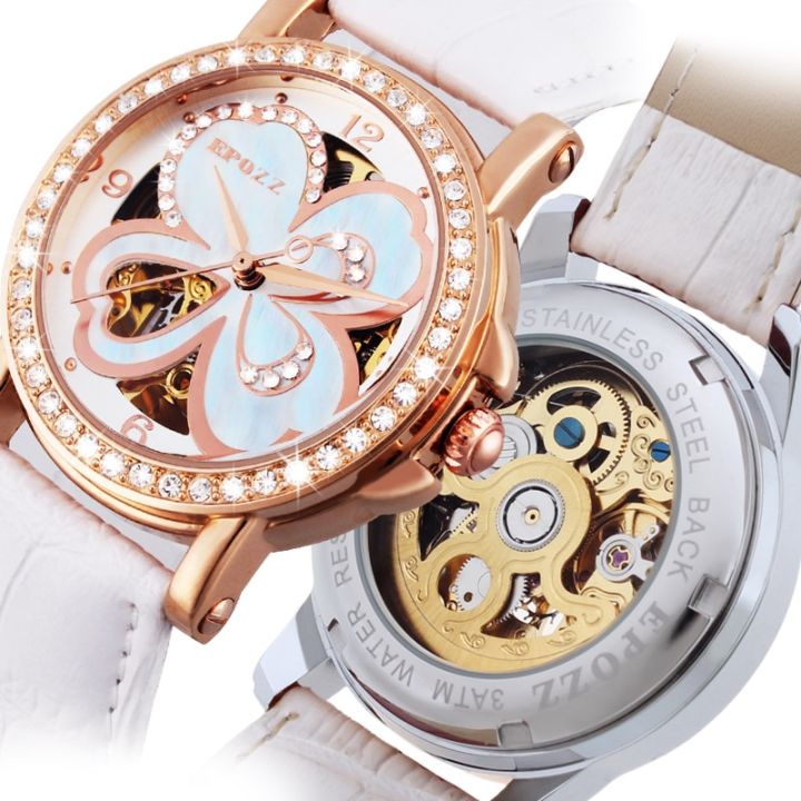 EPOZZ Butterfly hollow Women Automatic Mechanical watches Ladies clock White Leather Arabic numeral Skeleton relogio feminino