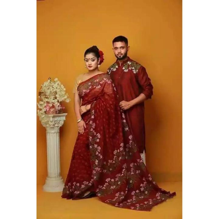 Stylish & Fashionable New Matching Best/Coupple Dress/For Men & Women / Saree & Panjabi/ (Combo Set)) - Panjabi