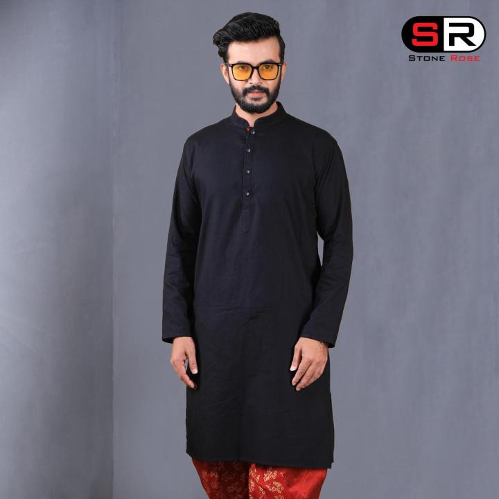 Black Solid Color Casual Panjabi For Men's By Stone Rose - 17916P