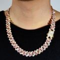 Men Women Pink Rhombus Cuban Chain Iced Out 2 Row Rhinestone Cuban Link Chain 14MM Prong Necklace Hiphop Jewelry.