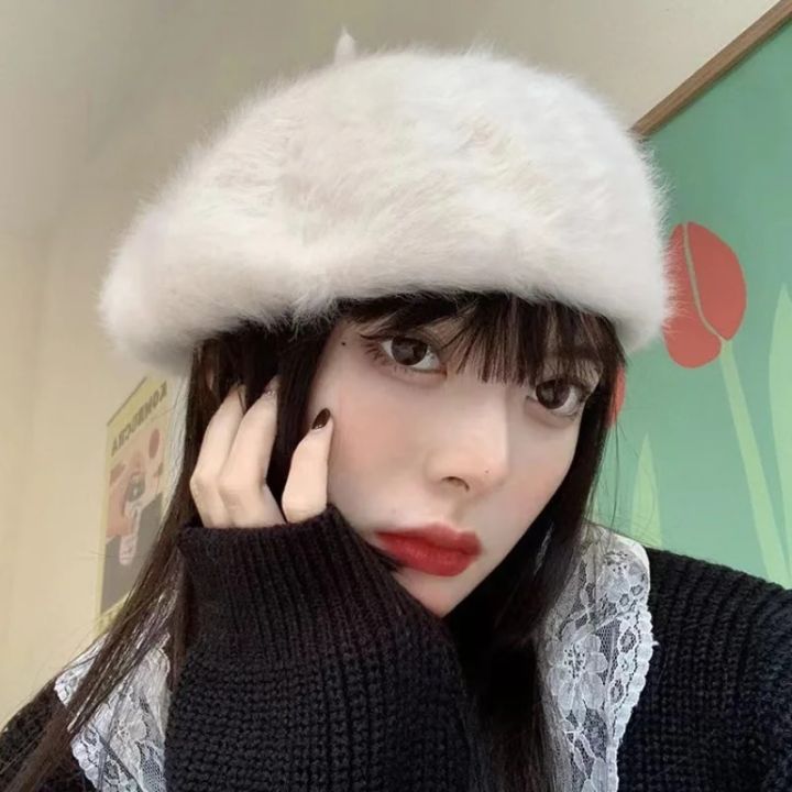 Solid Color Puffy Flush Angora French Beret Furry Artist Flat Winter