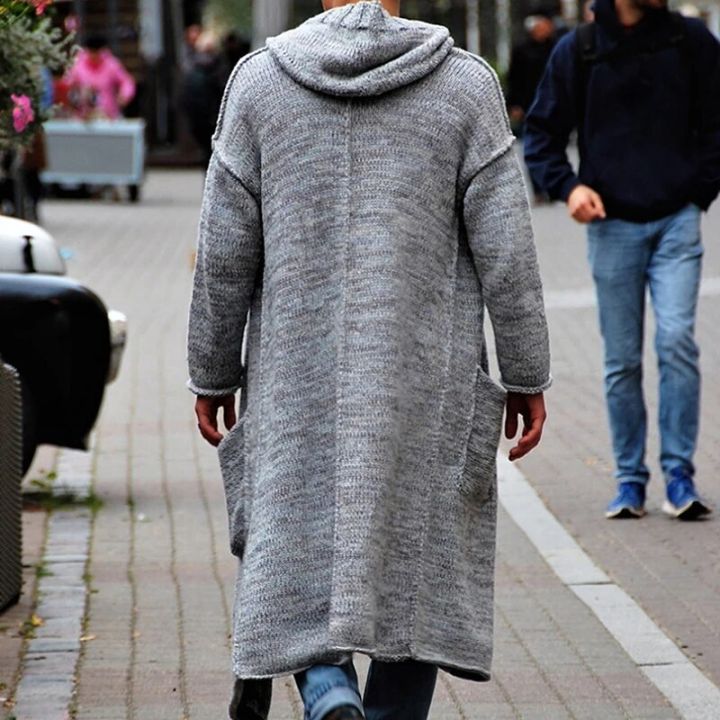 Men Loose Long Cardigan Solid Color Long Sleeve Hooded Open Front Hoodies Sweaters Fall Winter Knitted Coats with Pockets