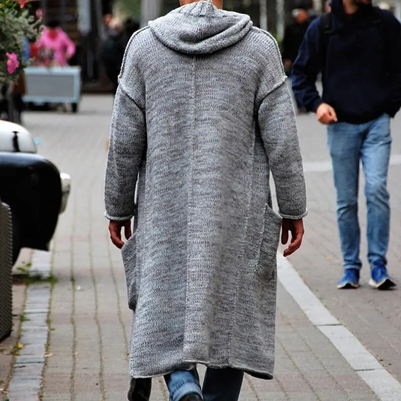 Hooded Knitted Coat Mens Men Loose Long Cardigan Solid Color Long - Main Image