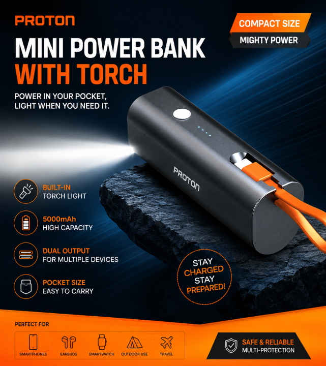 Proton Mini Power Bank with Torch 5000mAh (751091) | Compact Portable Fast Charging Power Bank | Type-C | Black | 60 Days Warranty