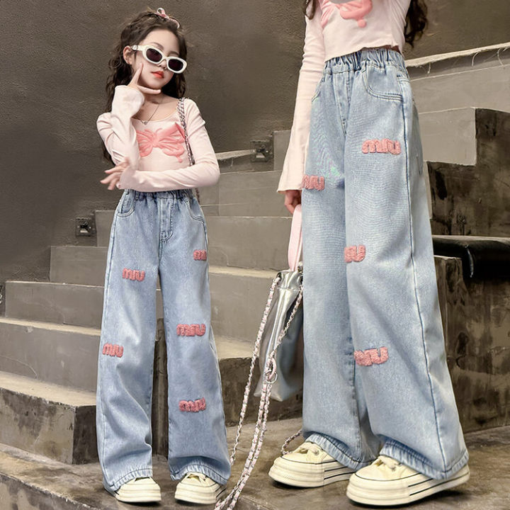 Girls Spring Jeans 2024 New Foreign Style Girls Big Spring and Autumn Casual Straight Pants Children's Spring Wide-leg Pants