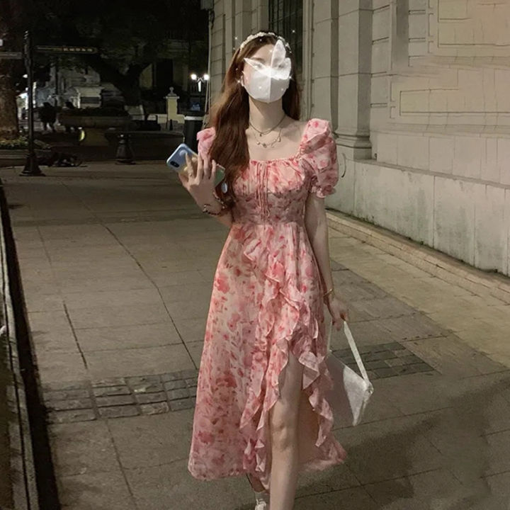 【Stylish】 Short Sleeve French Elegant Dress Beach Floral One Piece ...