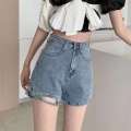 Big size chubby little sister high waisted denim shorts for women's summer new design sense niche slimming A line wide leg hot pants. 