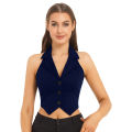 Women Notched Lapel Backless Button Down Suit Vest Solid Color Casual Waistcoat 2025..