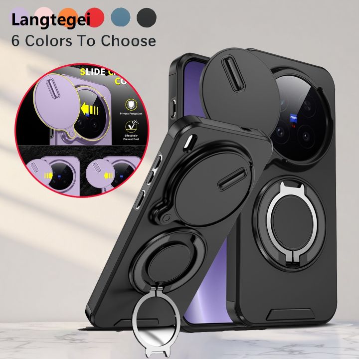 Langtegei Casing For Vivo X300 Pro VivoX300 Pro VivoX300Pro X300Pro 5G Sliding Window Ring Phone Case Bracket Shockproof Lens Protection Stand Holder Hard Back Cover