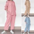 Ladies Fashion Pants Sets Summer Long Sleeve Shirt Casual Solid Trousers Suits Loose Tracksuit Outi fits 2PCS Matching Sets. 