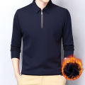 Fall and Winter Fleece Long Sleeve T-Shirt Men's Business Casual Roll-Neck Men's Polo Shirt Half-Zip Underwear Base Layer. 