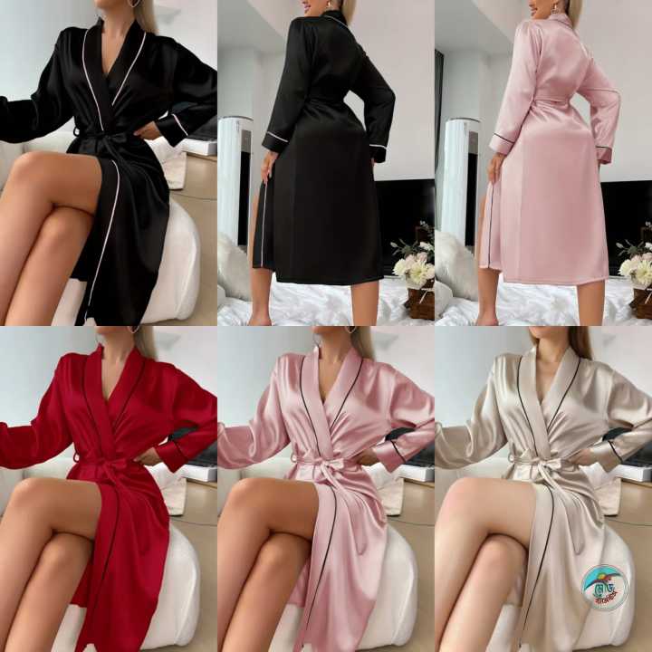 Ladies relax wear Solid Color Breathable Satin Long Dressing Gown with Belt - V-Neck Casual Polyester Nightwear for All Seasons - No Elast